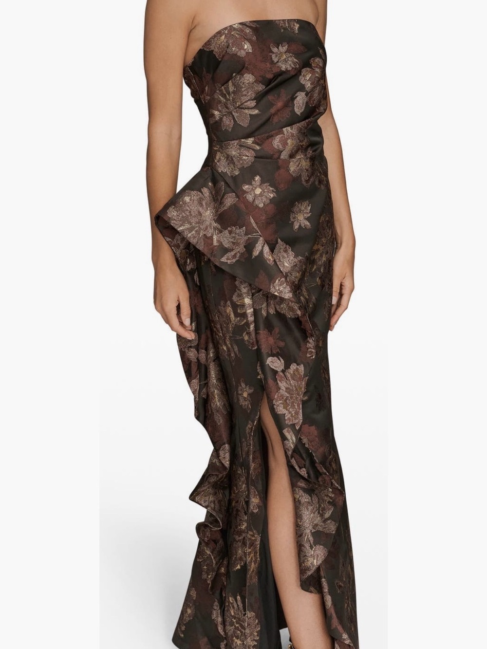 Donna Karan Strapless Floral Jacquard Ruffle Gown in Dark Brown and Bronze